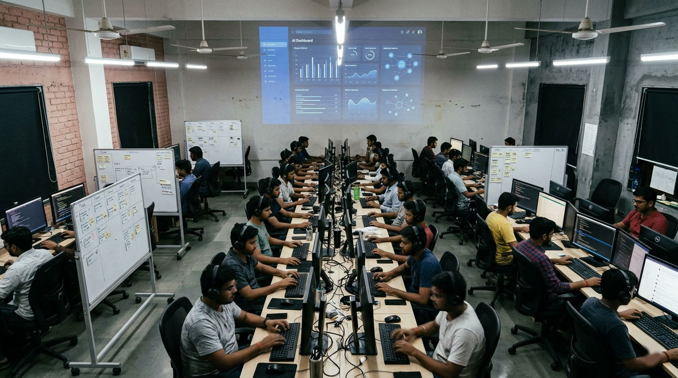 Indian engineers typing code while AI marketing dashboard glows above